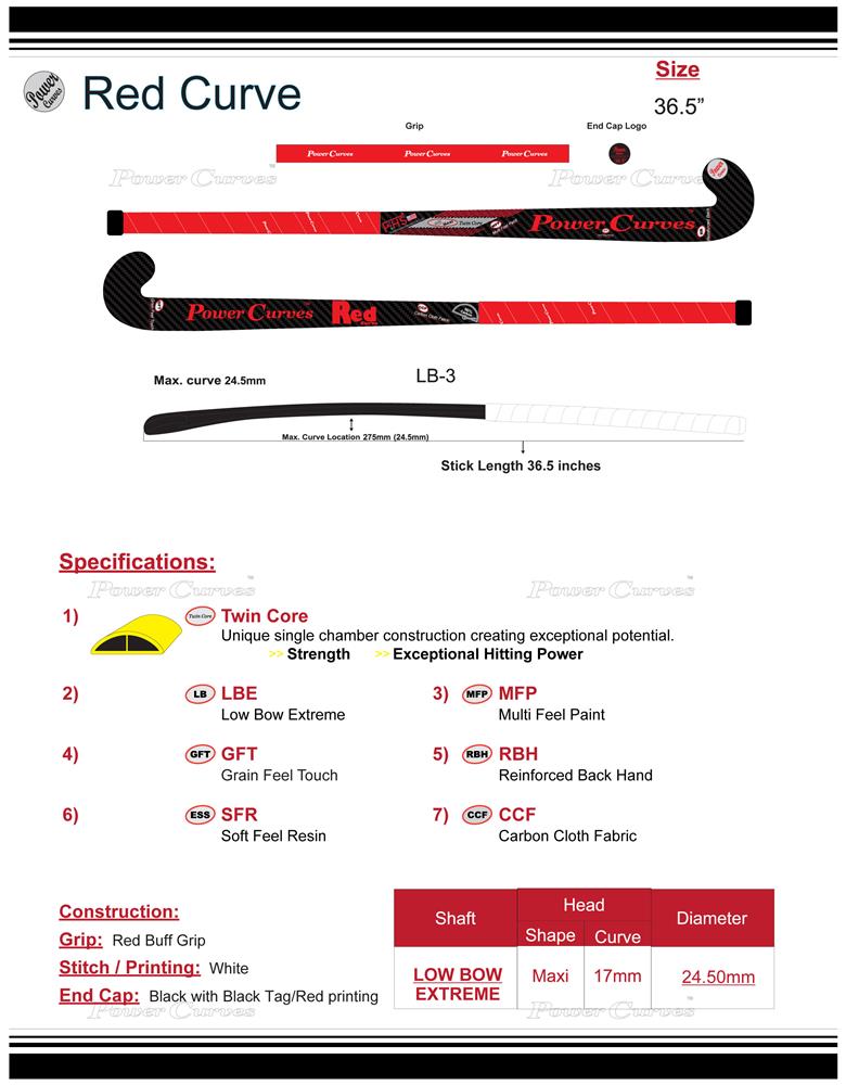 Field Hockey Stick Red Curve 90% Composite Carbon 10% Fiber Glass Extreme  Low Bow - Power Curves 36.5'' Inch 37.5'' Inch