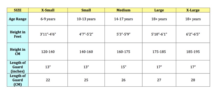 Hockey Shin Pad Sizing Chart