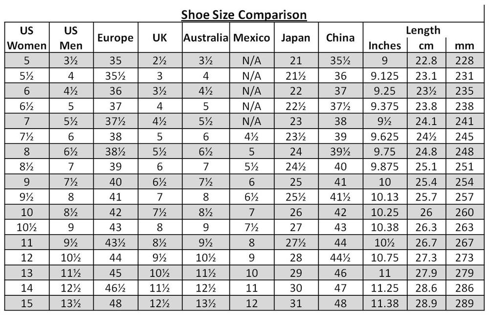 Shoe size chart