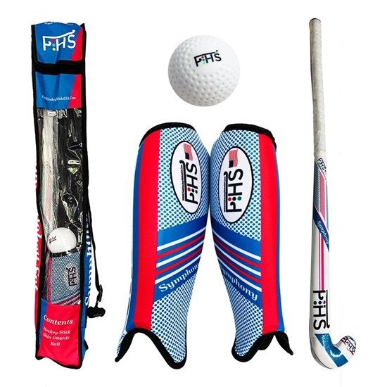 Picture of Beginner Field Hockey Stick Set Symphony Wooden Stick Shin Guards Hockey Ball Carrying Bag Sizes 30, 32 & 34 Inch Length Sticks