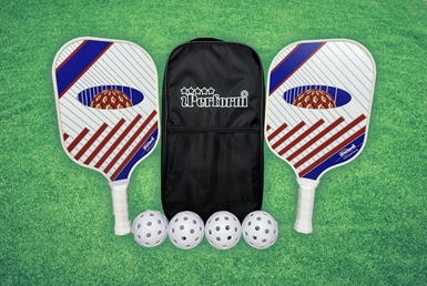 Pickleball Paddle Set Two Fiberglass Paddles & 4 White Balls with Black Bag Illusion By iPerform Brand